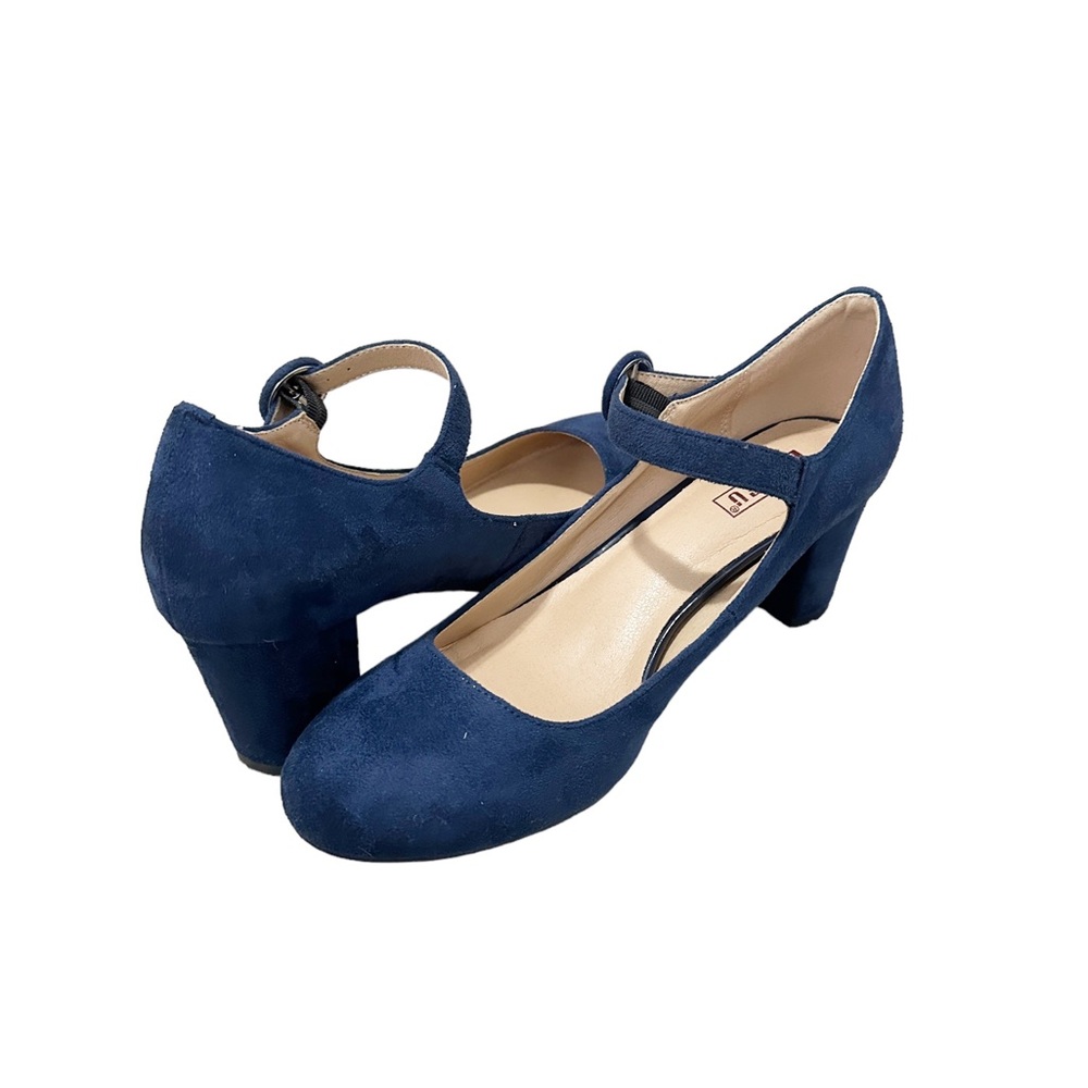 IDIFU Navy Blue Velvet Suede Closed Toe Low Heels